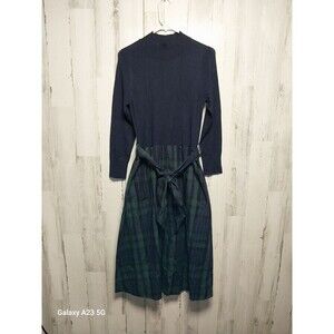 Navy and Green Plaid Midi Dress with Tie Waist